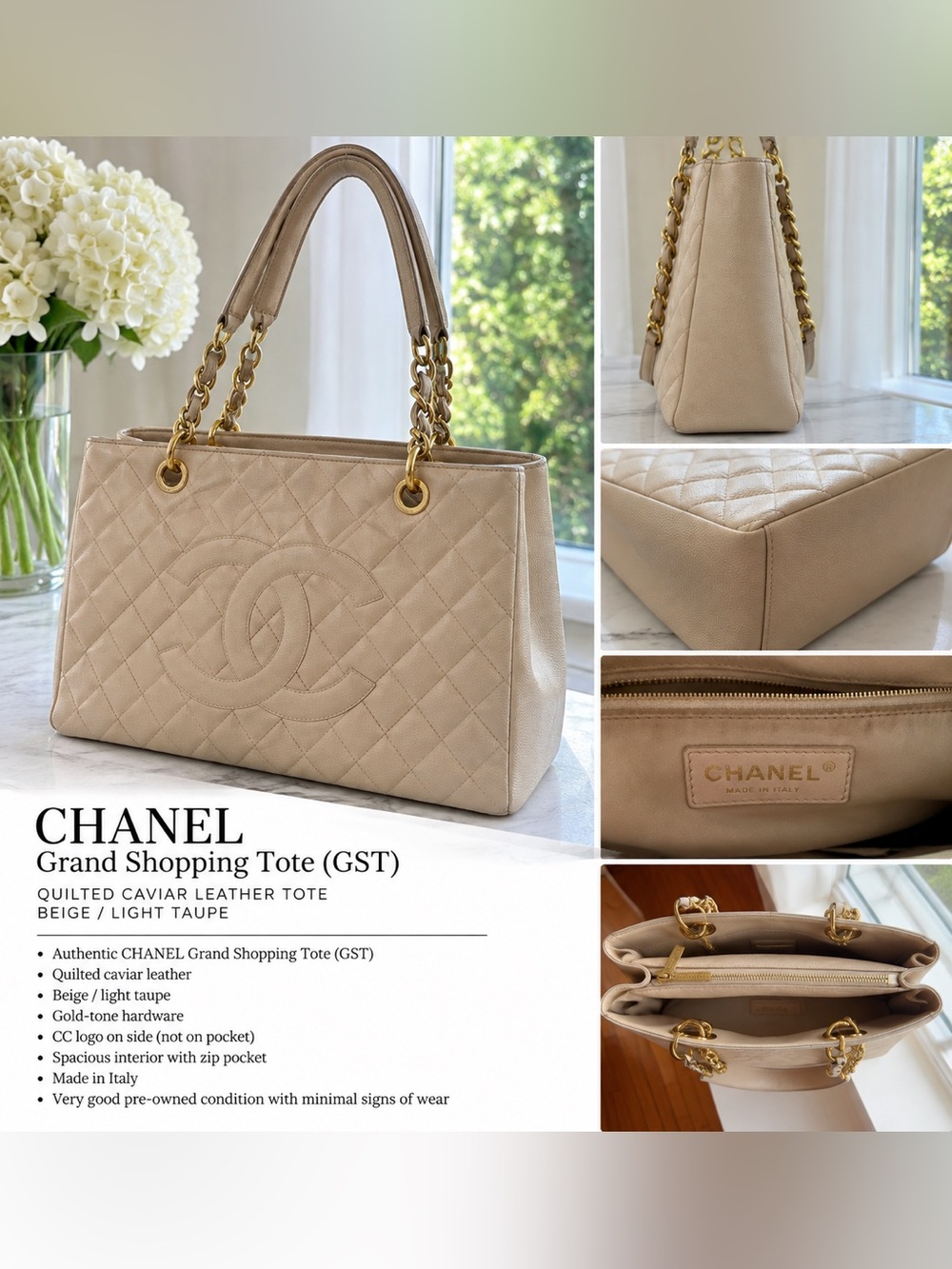 CHANEL Quilted Caviar Leather Shopping Tote in Light Taupe with Gold Hardware